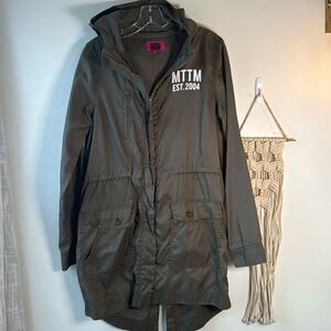 Vintage Married to the Mob Olive Green Long Trench Windbreaker Coat with Hood S